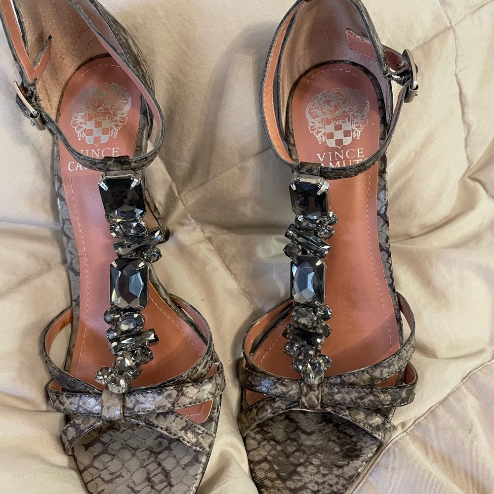 Vince Camuto Embellished Snake Print T-Strap Heels | 7.5 | 4” Stiletto